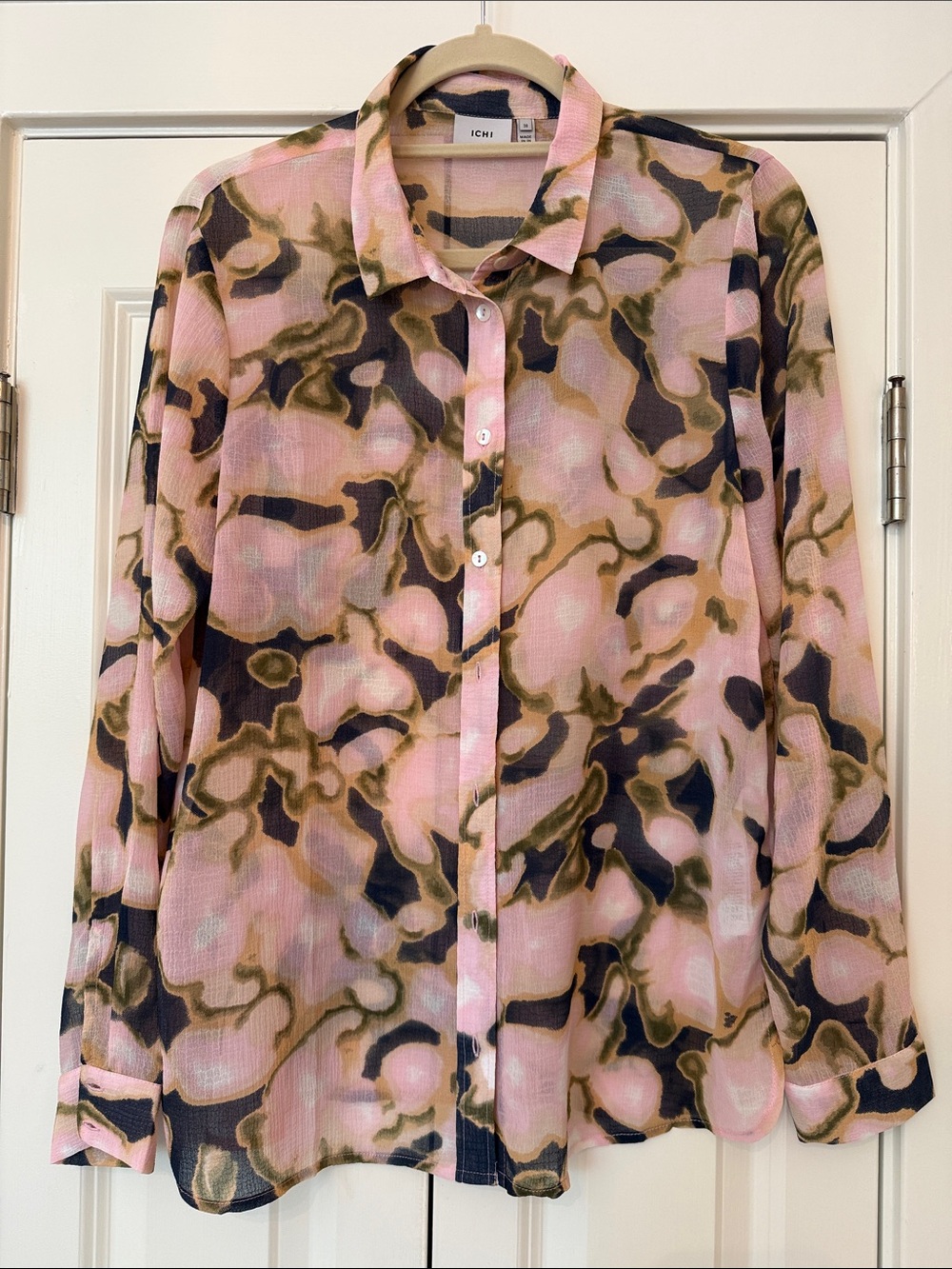 ICHI Pink & Olive Abstract Print Blouse Size 38